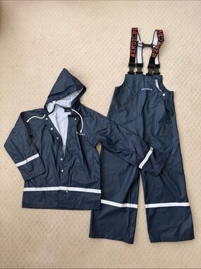 Grundéns Youth Navy Rain Jacket & Bib Overalls - Reflective Stripes - Size 10Yrs